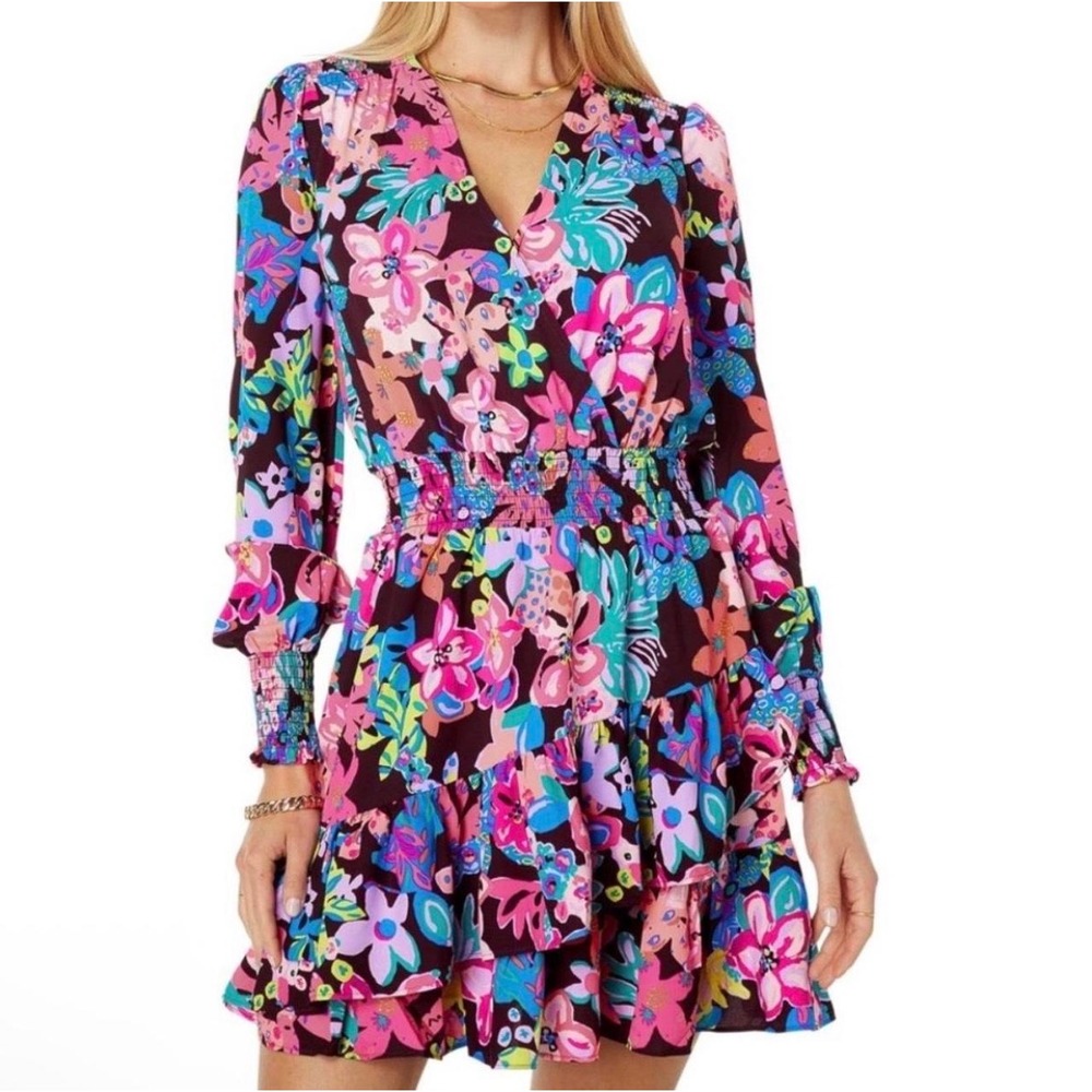 Lilly Pulitzer Women Floral Smocked Waist Tiered Ruffle Mini Dress Size 4 005423